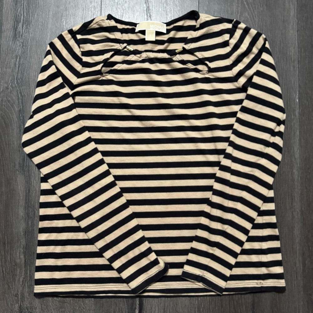 Michael Kors Women's Black and Khaki Striped Blouse, Size Small